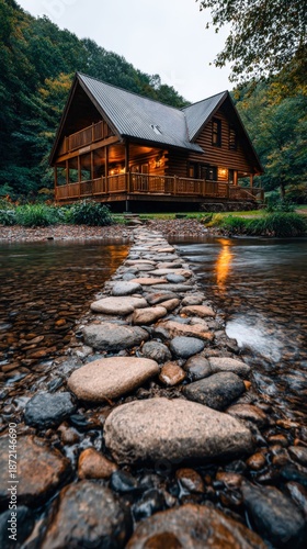 Rustic log kabin near water with stone pathway in forest setting