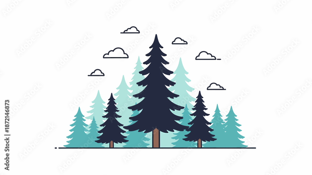 Fototapeta premium Stylized Pine Trees with Clouds in a Minimalist Forest Scene.