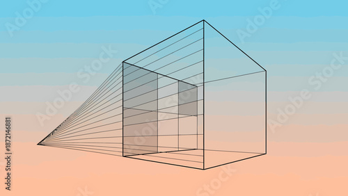Wireframe House Illustration with Perspective Lines and Geometric Design.