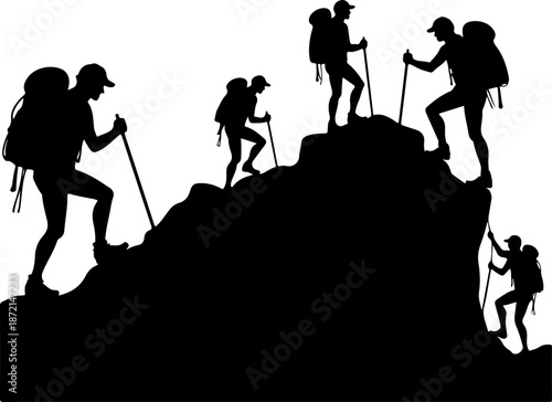 Adventurous Mountain Trekkers & Hiking Silhouette Journey