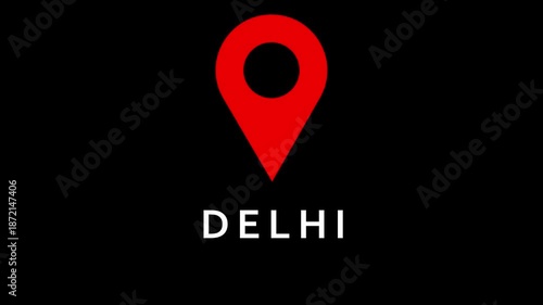 Red location pin icon above text Delhi on black background map marker navigation