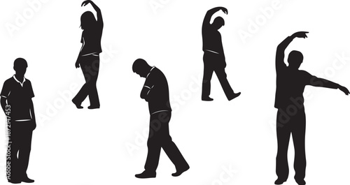 Silhouettes of people stretching and exercising together