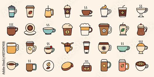 Hand-Drawn Coffee Cup Icon Set: Warm Cafe Graphics in Flat Vector Style, Collection of Coffee and Espresso Mugs for Cafe Menu and Branding, Cozy Coffee Shop Illustration Grid: Various Caffeine Drinks 