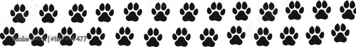 Continuous trail of animal paw print silhouettes featuring multiple black footprints in rows cad drawing flat vector illustration, pet tracks