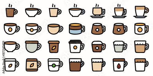 Hand-Drawn Coffee Cup Icon Set: Warm Cafe Graphics in Flat Vector Style, Collection of Coffee and Espresso Mugs for Cafe Menu and Branding, Cozy Coffee Shop Illustration Grid: Various Caffeine Drinks 