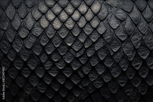 Close-up of dark, textured reptile scales. Detailed pattern, symmetrical design