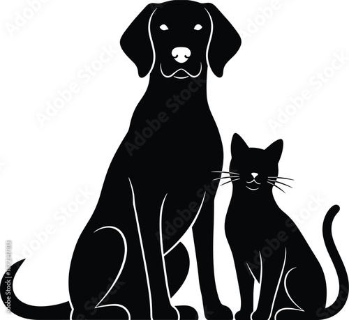 Sitting dog and cat silhouette illustration for pet shop or veterinary clinic logo cad drawing flat vector illustration, animal silhouettes