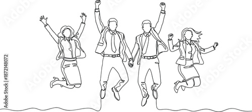 Successful business team jumping in celebration continuous line art vector illustration for achievement and corporate victory concept.