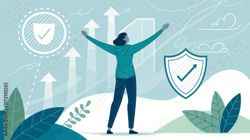 Confident woman celebrating success with shield and growth arrows