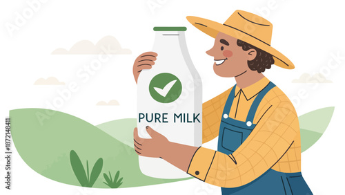 Smiling farmer holding a bottle of pure milk in a green landscape