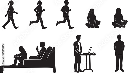 Silhouettes of people in various daily activities and poses
