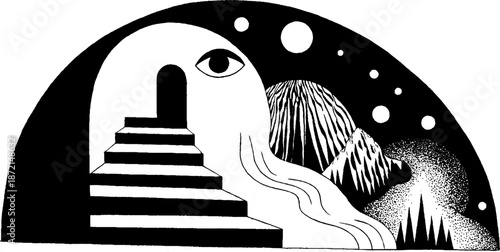 Surreal abstract landscape with stairs and cosmic elements in black and white