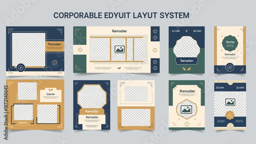 A collection of Eid Mubarak and Ramadhan editable layout templates for social media feed and story banners with a corporate design.