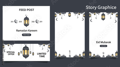 Ramadhan and Eid Mubarak editable social media story graphics with a festive lantern design on a clean layout for a feed post or banner.