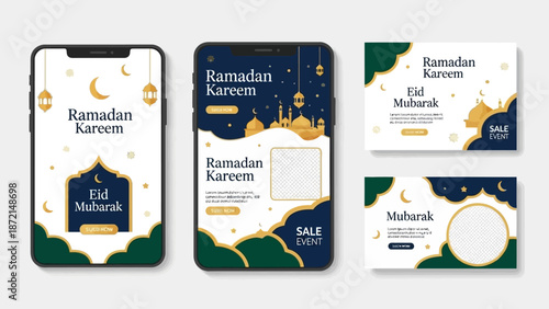 Ramadan Kareem Eid Mubarak editable layout designs for social media feed story and banner on a clean white background with a mix of dark green gold and blue colors