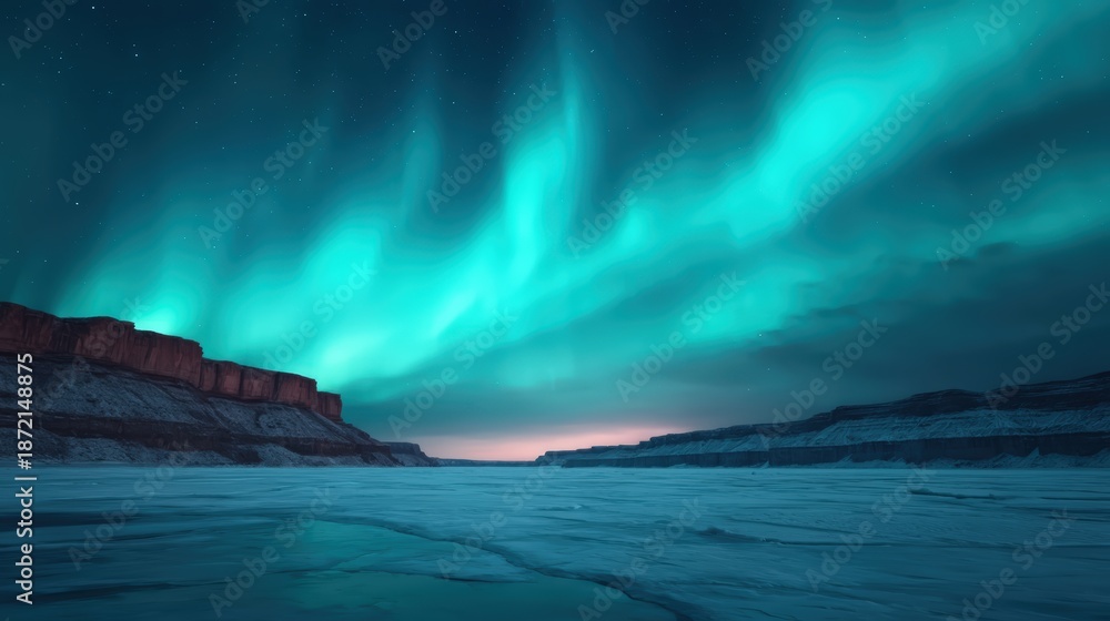 Obraz premium A stunning night sky illuminated by vibrant green auroras over a tranquil frozen landscape, creating a serene and magical atmosphere.