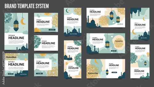 Ramadhan Eid Mubarak social media post templates with editable layouts and banners in a story feed format with a night sky and lanterns theme.
