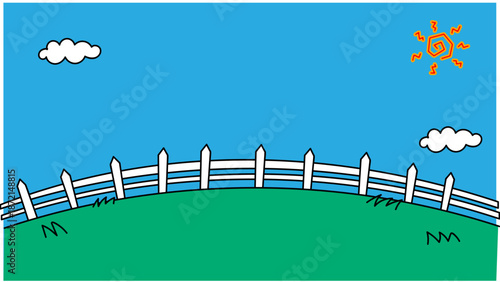 晴れた日の草原とフェンスのシンプルな背景イラスト