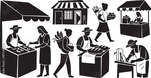 Black and white illustration of a bustling market scene