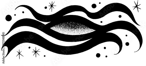 Abstract black and white eye with cosmic waves and stars