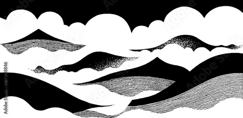 Abstract black and white landscape with waves and mountains