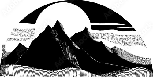 Monochrome mountain landscape with sun and abstract patterns