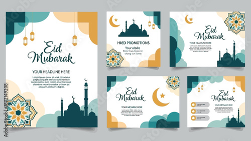 A collection of Eid Mubarak editable social media posts and banners with Islamic geometric patterns and mosque silhouettes on a colorful background.