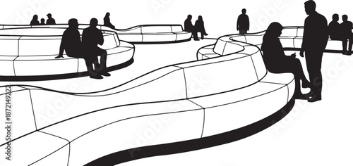 People sitting on modern wavy bench in public space