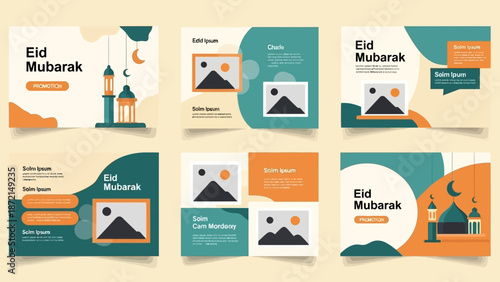A collection of Eid Mubarak social media posts and banners with editable layouts and various design elements in a vibrant, modern style.