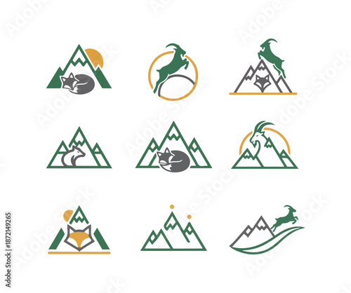 Mountain landscapes with wildlife and natural elements vector illustrations
