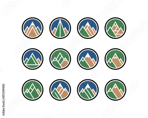 Mountain range logos in circular frames on dark background