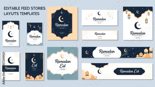 A collection of editable Ramadan and Eid Mubarak social media feed story banners and layouts in a light blue background with various designs and crescent moon motifs.