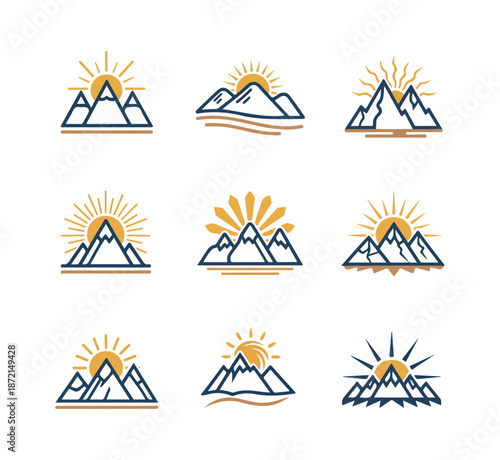 Mountain sunrise icon set for design and illustration
