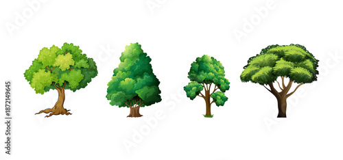 Tree Vector Illustration Collection Featuring Tropical and Orchard Trees with Mango, Apple, Banana, Orange, Coconut Palm and More Isolated on White Background