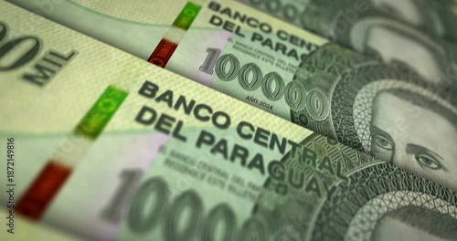 Paraguay guarani Paraguayan money banknote loop. 100000 PYG money texture. Concept of economy, business, crisis, banking, recession, debt and finance. Moving over note loopable seamless 3d.