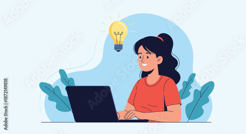 Young woman working on a laptop looks up with a bright light bulb above her head representing a new creative idea.