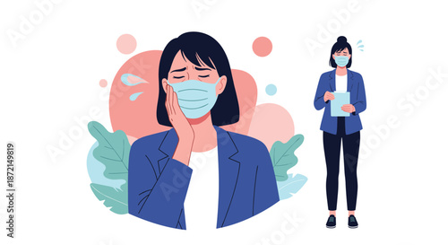 Sick woman wearing a face mask and holding her cheek in pain while another person stands in the background.