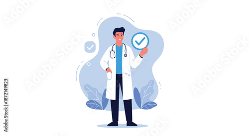 Confident male doctor in a white lab coat holding a blue checkmark icon representing health approval and safety.