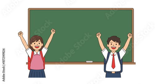 Two happy school children, a boy and a girl, standing in front of a green chalkboard with their arms raised in joy.