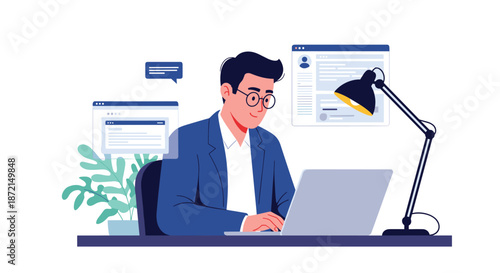 Professional businessman in a blue suit working on his laptop at a desk with a lamp and floating website browser windows.