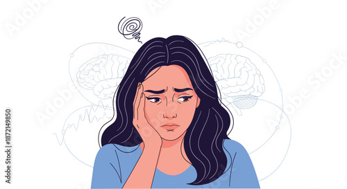 Distressed woman holding her head with a troubled expression surrounded by complex brain and wave patterns.