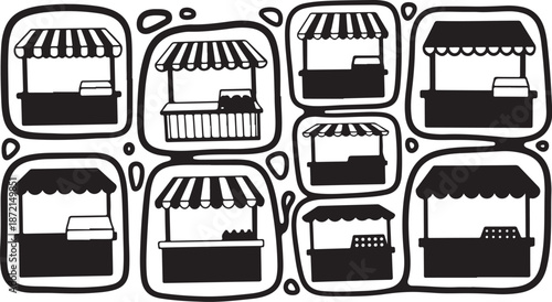 Illustration of various market stalls and food carts