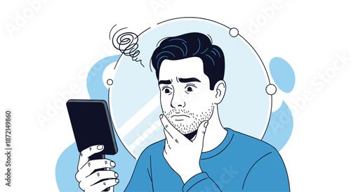 Concerned man looking at his reflection in a hand mirror and touching his chin with a worried expression.