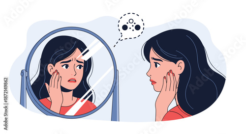 Sad woman looking at her reflection in a round mirror and touching her face with a worried expression.