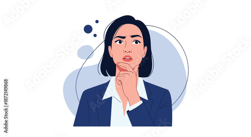 Serious businesswoman in a blue suit holding her chin and looking up thoughtfully against a circular background.