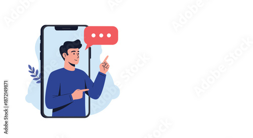 Young man appearing on a large smartphone screen and pointing towards a red notification speech bubble.