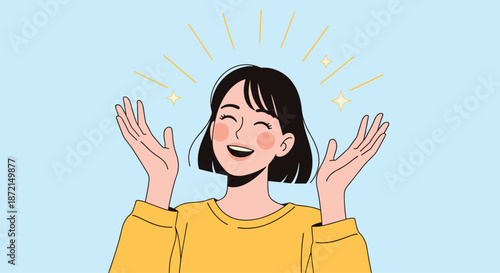 Cheerful young woman laughing with her hands raised in pure excitement under shining stars on light blue background.