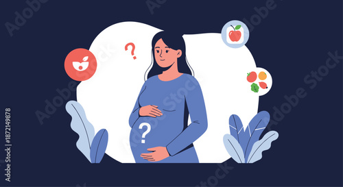 Pregnant woman looking at various healthy food options while considering nutrition and diet choices for her baby.