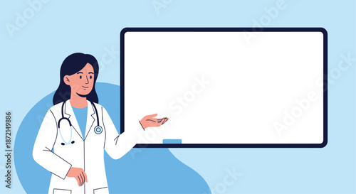 Female doctor in a white lab coat with a stethoscope around her neck gesturing towards a blank white board.