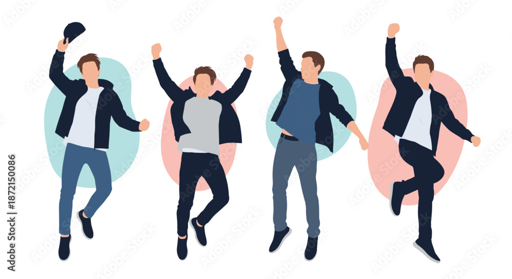 Obraz premium Silhouettes of four joyous people jumping in the air with their arms raised against colorful circular backdrops in a celebration.